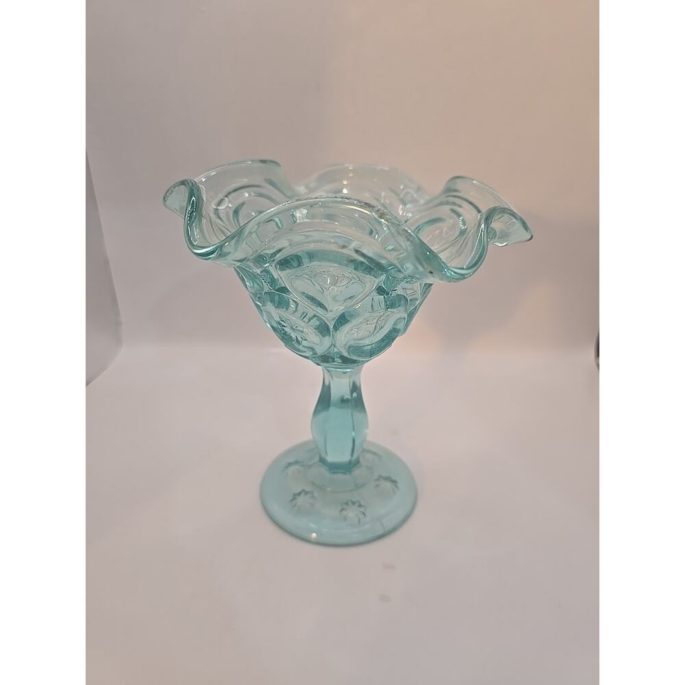 Vintage L.E. Smith Light Teal Moon And Stars Compote Candy Dish